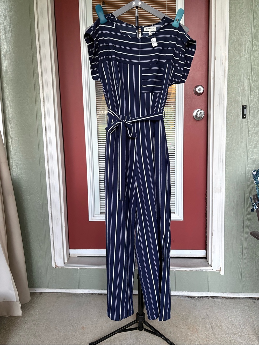 Elle Navy and White Striped Cold-Shoulder Jumpsuit with Waist Tie